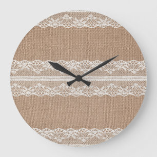 Brown Burlap Off-White Lace Texture Large Clock
