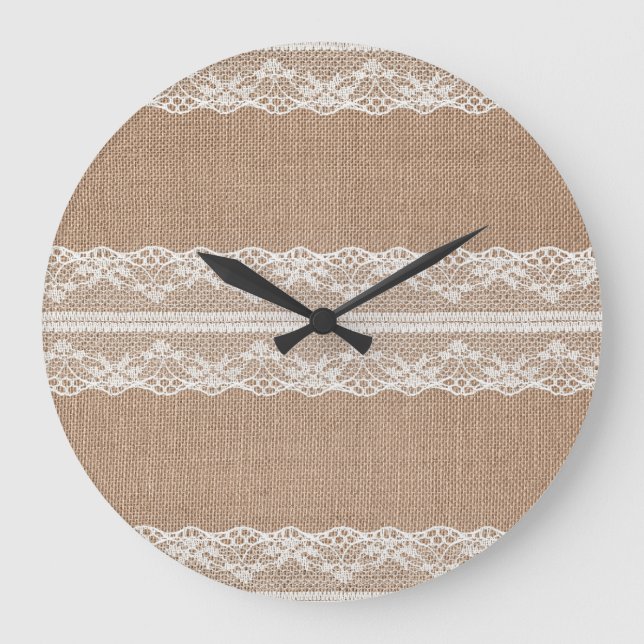 Brown Burlap Off-White Lace Texture Large Clock (Front)