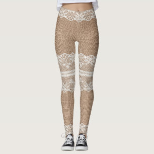 Brown Burlap Off-White Lace Texture Leggings