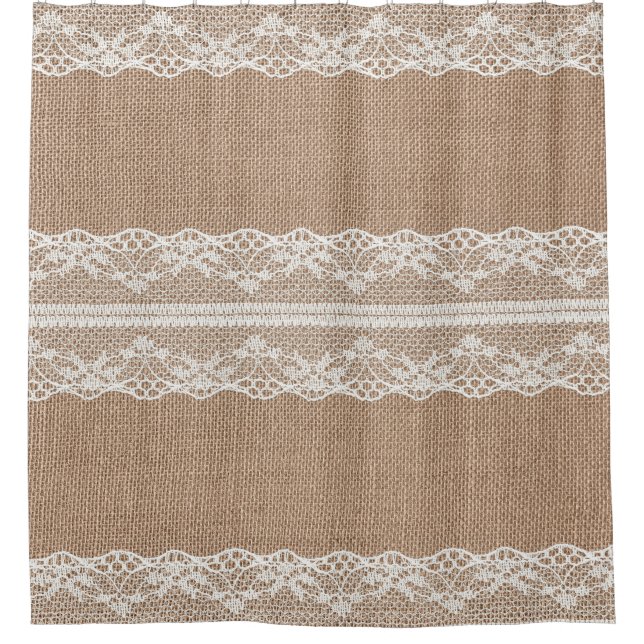 Brown Burlap Off-White Lace Texture Shower Curtain (Front)
