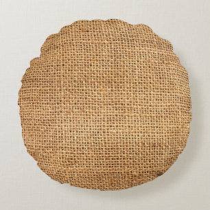 Brown Burlap Sack: Textured Cloth Background Round Cushion