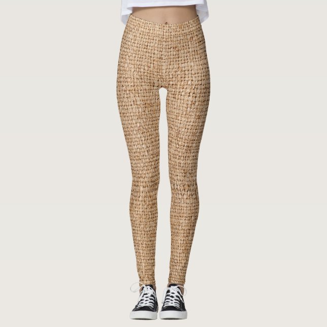 Brown burlap texture, rustic sackcloth. leggings (Front)