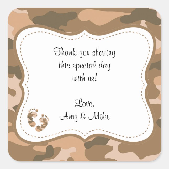Brown Camo Baby Shower Favour label w/feet (Front)