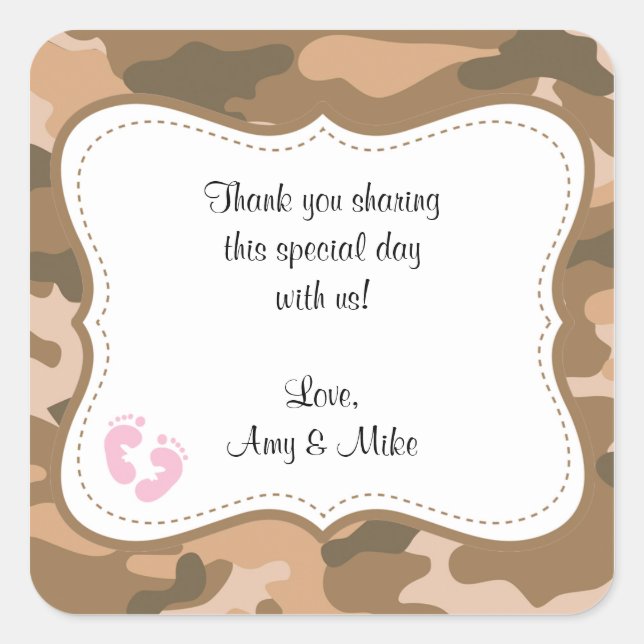 Brown Camo Baby Shower Favour Label w/pink feet (Front)