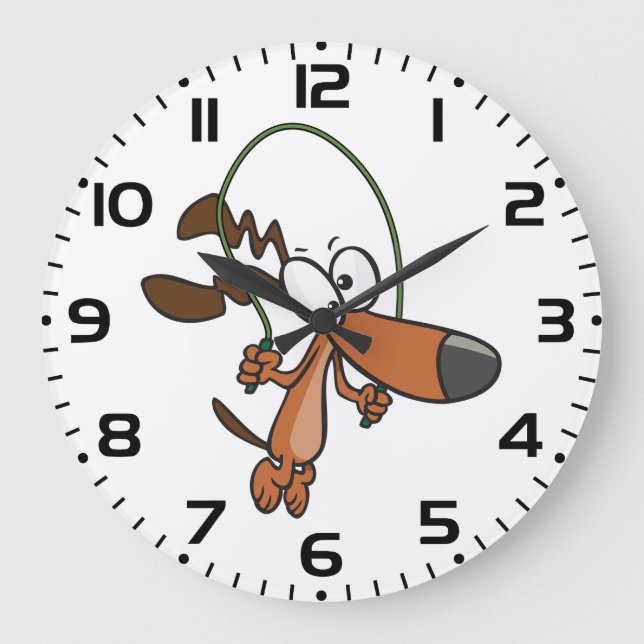 Brown Cartoon Dog Skipping Jump Rope Large Clock (Front)