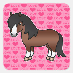 Brown Cartoon Shetland Pony Love Hearts Square Sticker