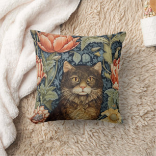 Brown cat and peony flowers art nouveau cushion