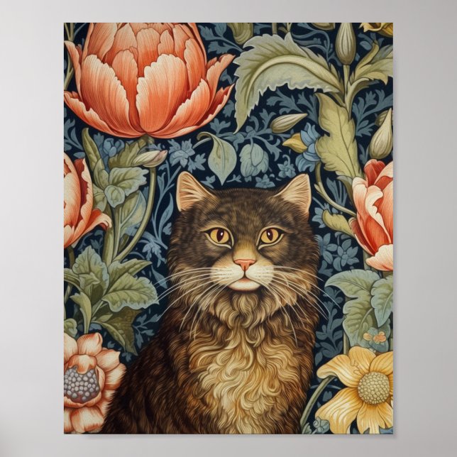 Brown cat and peony flowers art nouveau poster (Front)