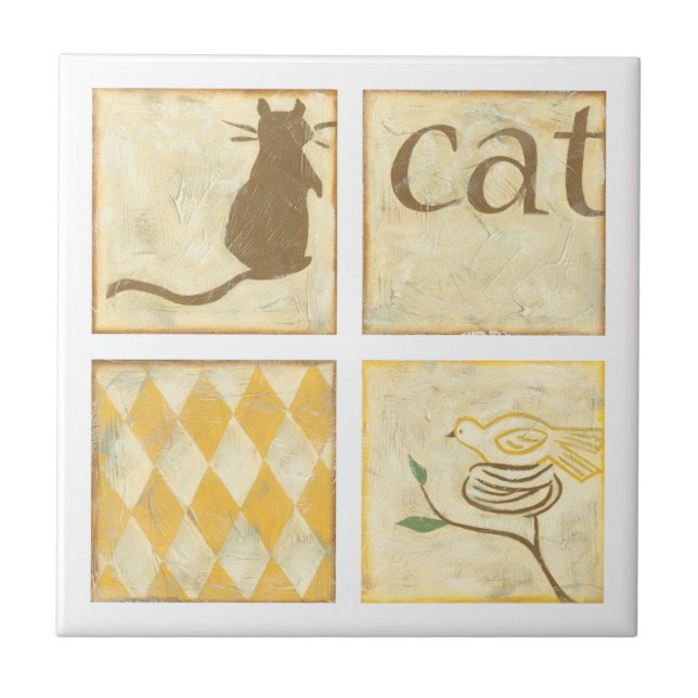 Brown Cat and  Yellow Bird by Chariklia Zarris Ceramic Tile (Front)