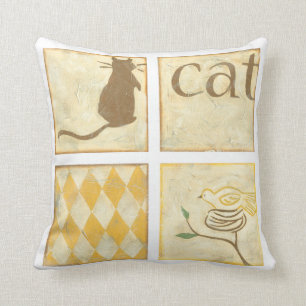 Brown Cat and  Yellow Bird by Chariklia Zarris Cushion