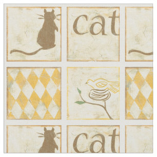 Brown Cat and  Yellow Bird by Chariklia Zarris Fabric