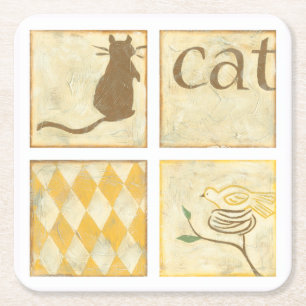 Brown Cat and Yellow Bird by Chariklia Zarris Square Paper Coaster