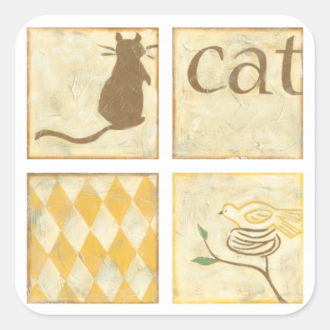Brown Cat and  Yellow Bird by Chariklia Zarris Square Sticker (Front)