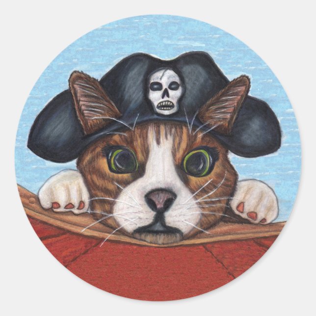 Brown Cat Green Eyes Pirate Hat Skull Red Boat Classic Round Sticker (Front)