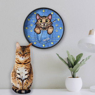 Brown Cat in Faux Denim Pocket with Custom Name Clock