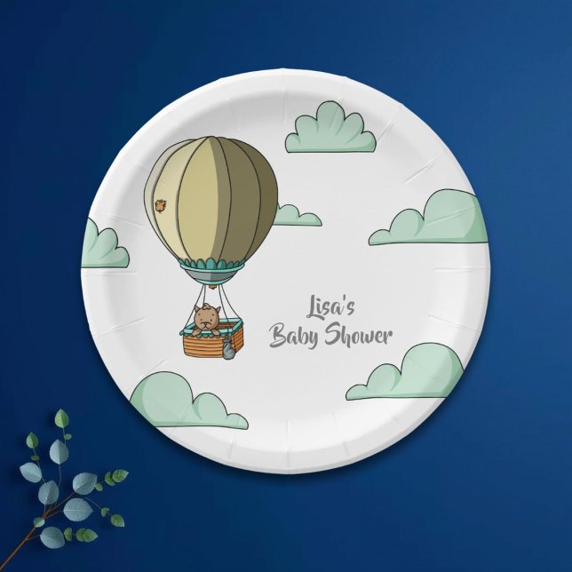 Brown Cat in Hot Air Balloon in the Sky Party Paper Plate (Creator Uploaded)