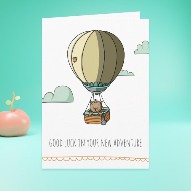 Brown Cat in Hot Balloon Good Luck Farewell Card (Cat farewell card perfect for graduations, retirements and new beginnings)