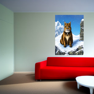Brown cat in the snow AI Art Poster