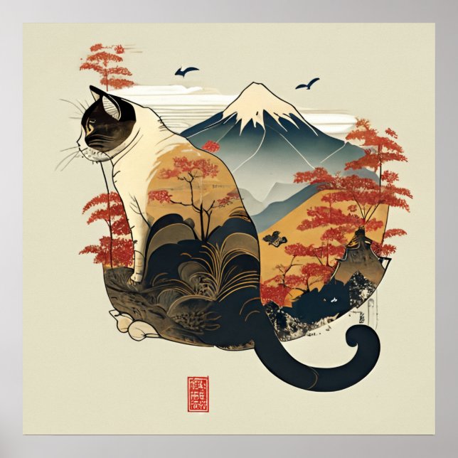 Brown Cat with Mount Fuji Poster (Front)
