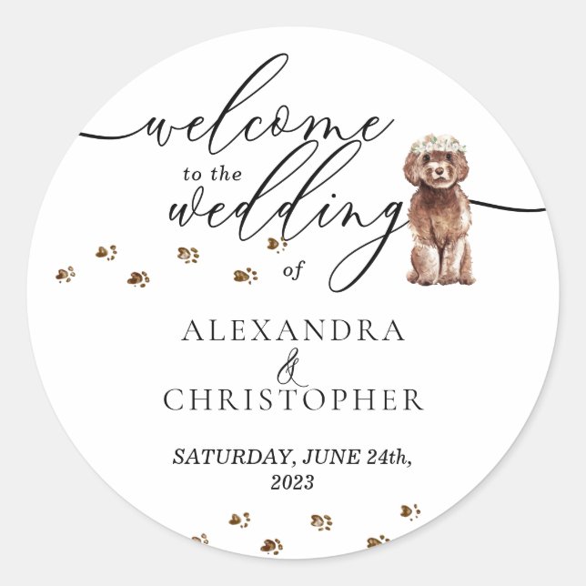 Brown Cavapoo puppy Dog Wedding Welcome Classic Round Sticker (Front)