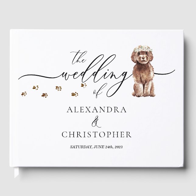 Brown Cavapoo puppy pet Wedding Calligraphy Guest Book (Front)