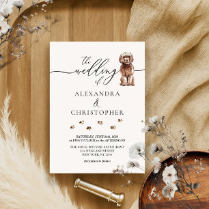 Brown Cavapoo puppy Wedding Calligraphy Invitation