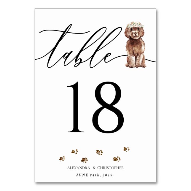 Brown Cavapoo puppy Wedding Calligraphy Signature Table Number (Front)