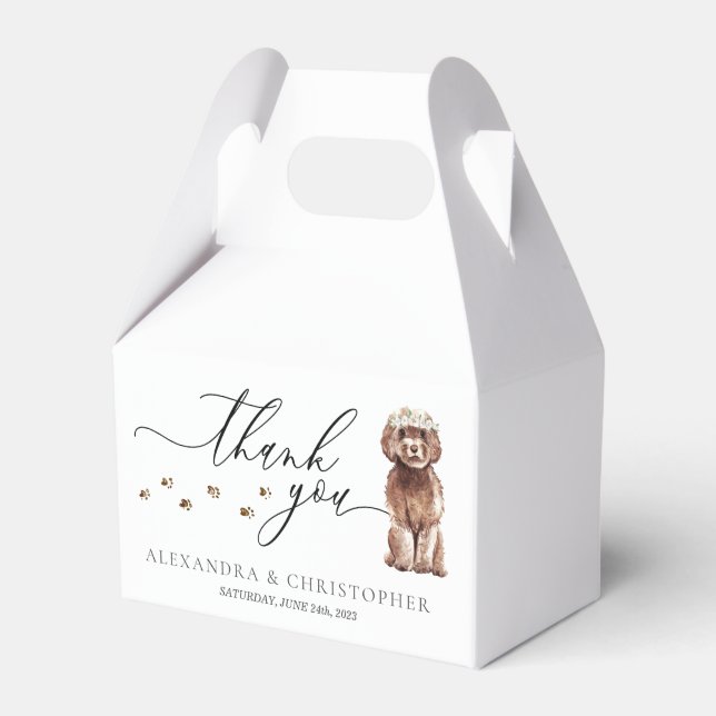 Brown Cavapoo puppy Wedding Calligraphy Thank You Favour Box (Front Side)