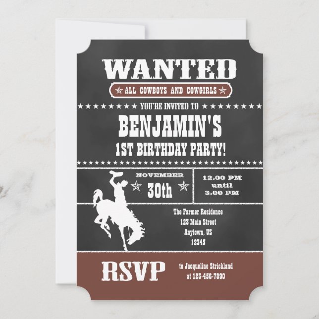 Brown Chalkboard Cowboy Birthday Invitation (Front)