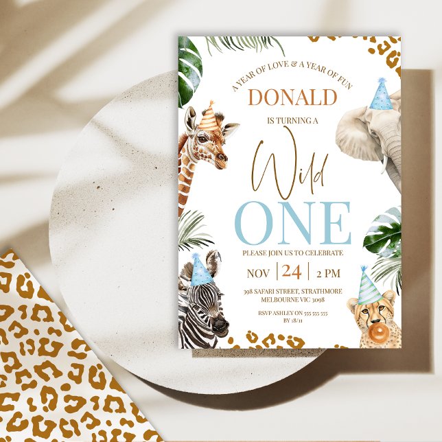 Brown Cheetah Safari Animals Wild One 1st Birthday Invitation (Boys Safari Wild One Birthday Invitation, Party Animals 1st Birthday Invitation, Wild One Themed)
