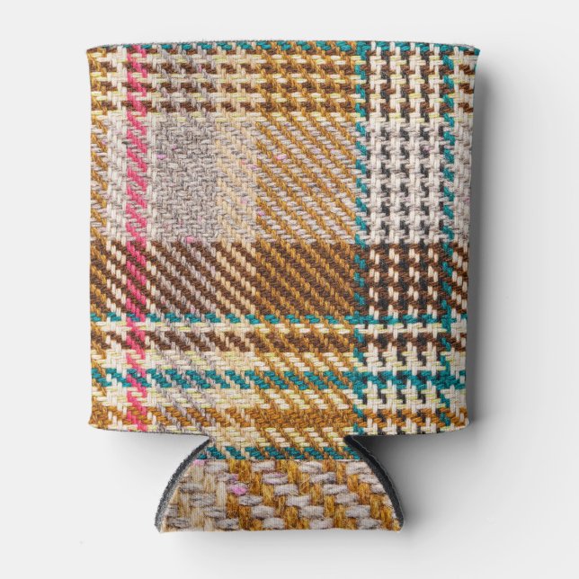 Brown chequered fabric, Scottish wool. Can Cooler (Front)