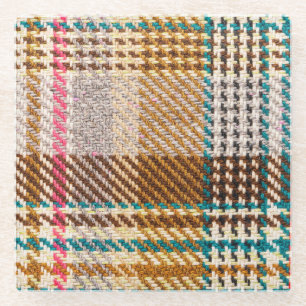 Brown chequered fabric, Scottish wool. Glass Coaster