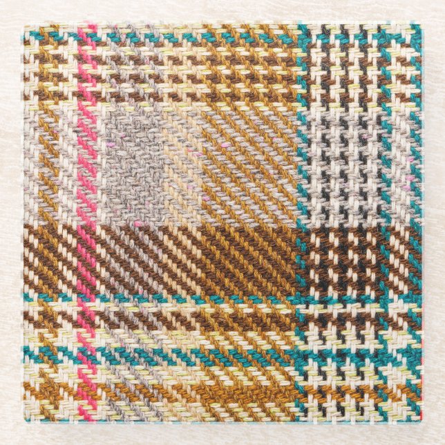 Brown chequered fabric, Scottish wool. Glass Coaster (Front)