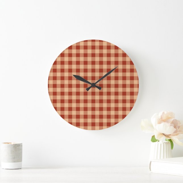 Brown Chequered Gingham Pattern Large Clock (Home)
