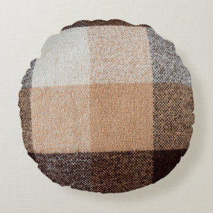 Brown chequered wool plaid fabric texture. tartan round cushion
