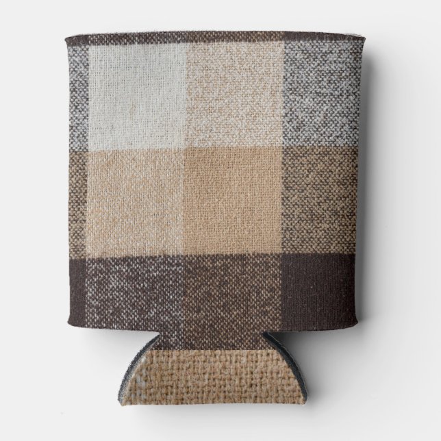 Brown Chequered Wool: Tartan Texture Can Cooler (Front)