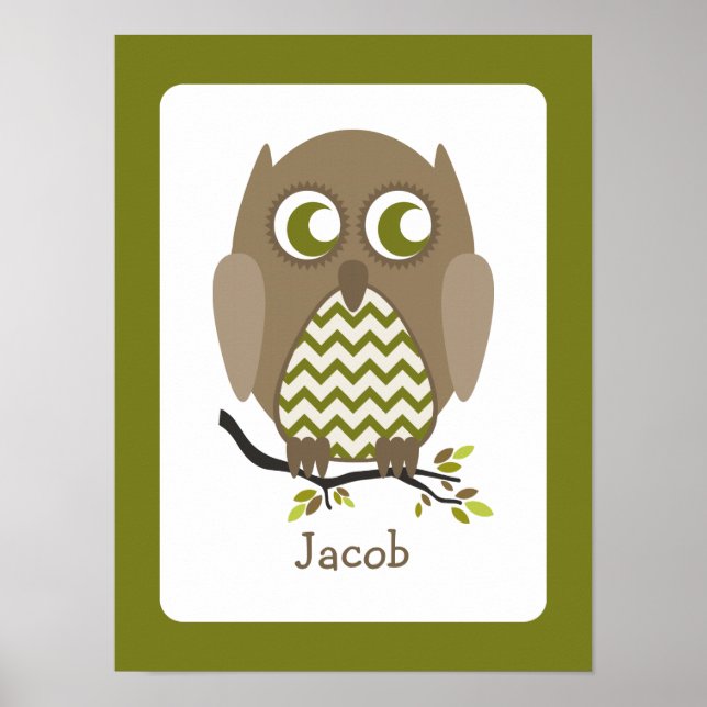 Brown Chevron Owl Personalised Nursery Artwork Poster (Front)