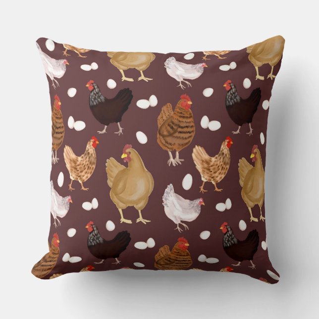Brown Chicken and the Eggs Pattern Cushion (Front)