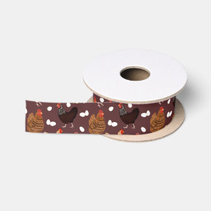 Brown Chicken and the Eggs Pattern Satin Ribbon