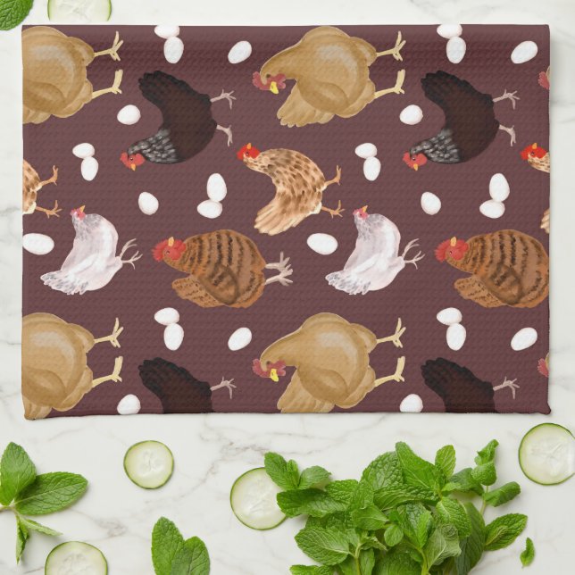 Brown Chicken and the Eggs Pattern Tea Towel (Folded)