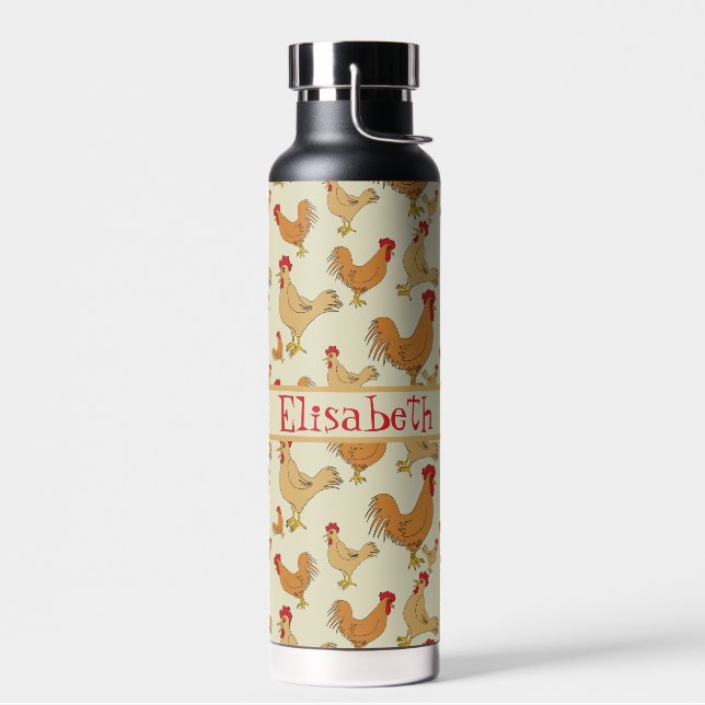 Brown Chicken Design Personalised Water Bottle (Left)