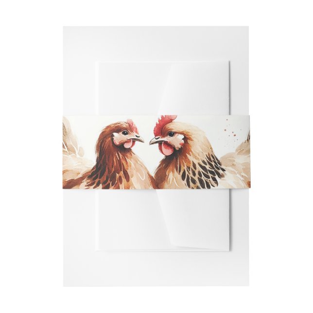 Brown Chickens Watercolor Country Wedding  Invitation Belly Band (Front Example)