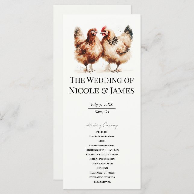 Brown Chickens Watercolor Country Wedding Program (Front/Back)
