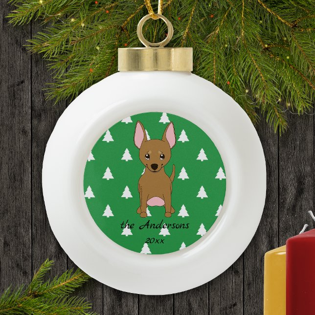 Brown Chihuahua White Christmas Trees Holiday Ceramic Ball Christmas Ornament (Creator Uploaded)