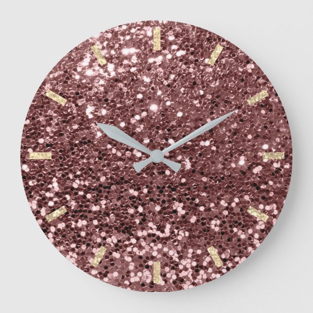 Brown Chocolate Sparkly Glitter Faux Sepia Gold Large Clock (Front)