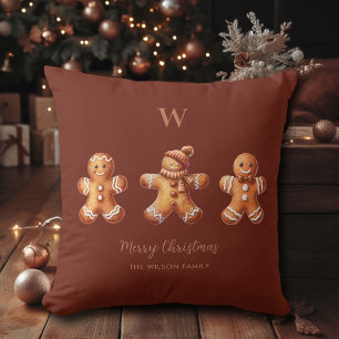 Brown Christmas Chocolate Gingerbread Men Monogram Cushion