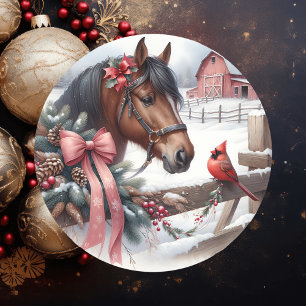 Brown Christmas Horse and Cardinal Classic Round Sticker