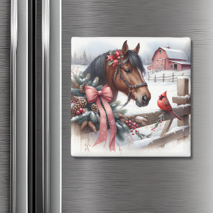 Brown Christmas Horse and Cardinal Magnet