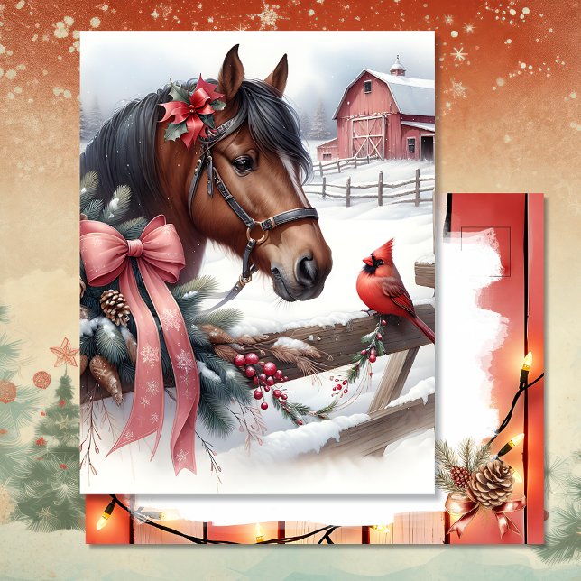 Brown Christmas Horse and Cardinal Personalised Postcard (Creator Uploaded)