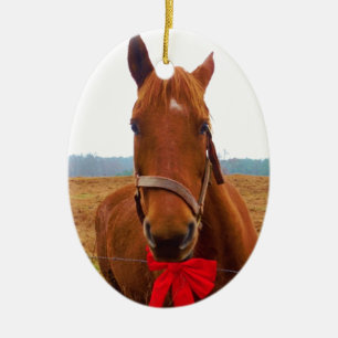Brown Christmas Horse and Red Bow Ceramic Ornament